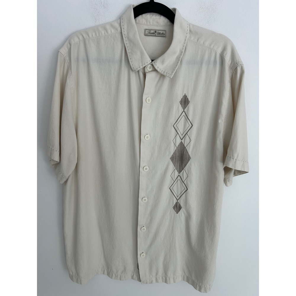 Vintage Paradise Collection Mens Cream Geometric Embroidered Short Sleeve L‎